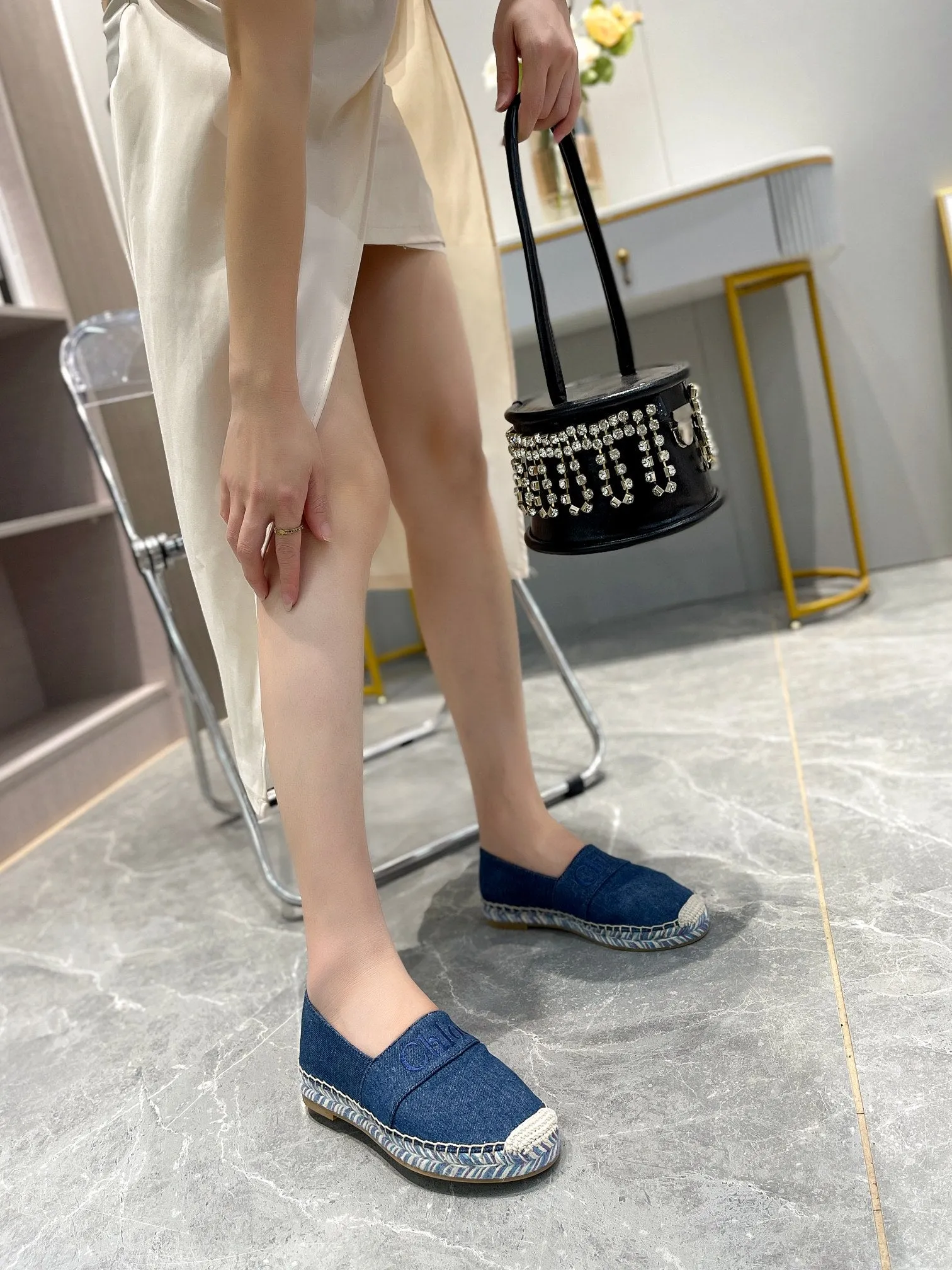 BLUE AND IN NAVY Flawless FABRIC CHLOÉ RAFFIA LOAFERS Special edition