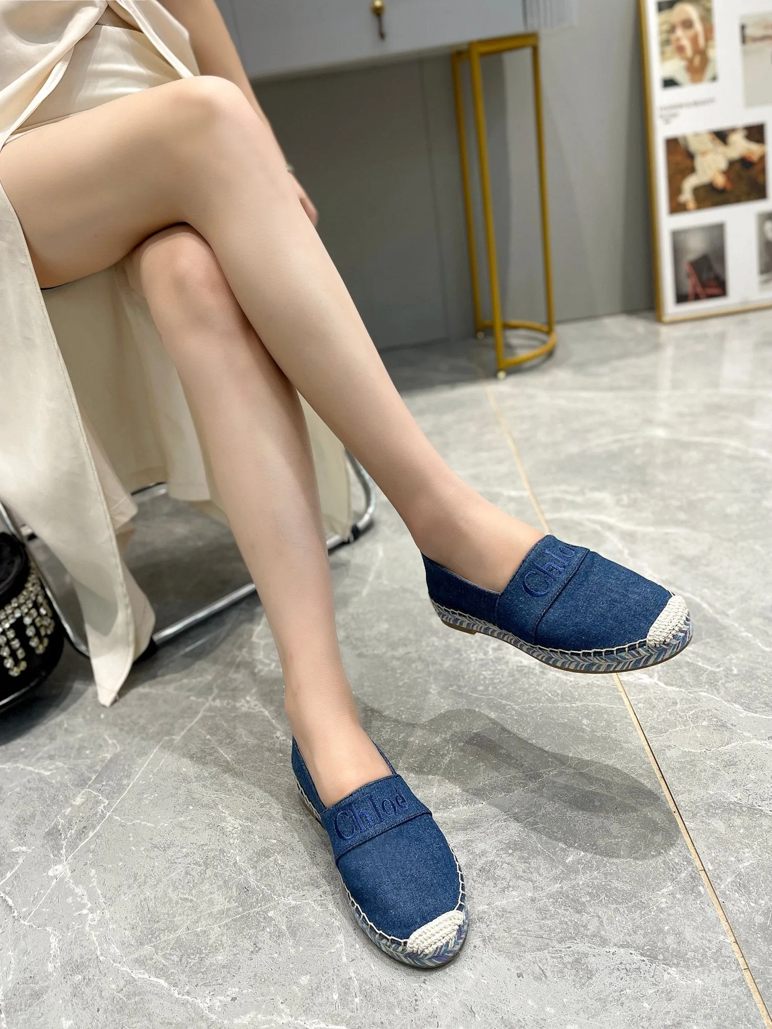 BLUE AND IN NAVY Flawless FABRIC CHLOÉ RAFFIA LOAFERS Special edition