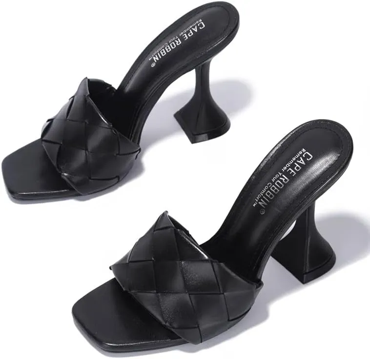 Cape Robbin Affection Black Vegan Quilted Open Toe Mule Heels Slip On Sandals