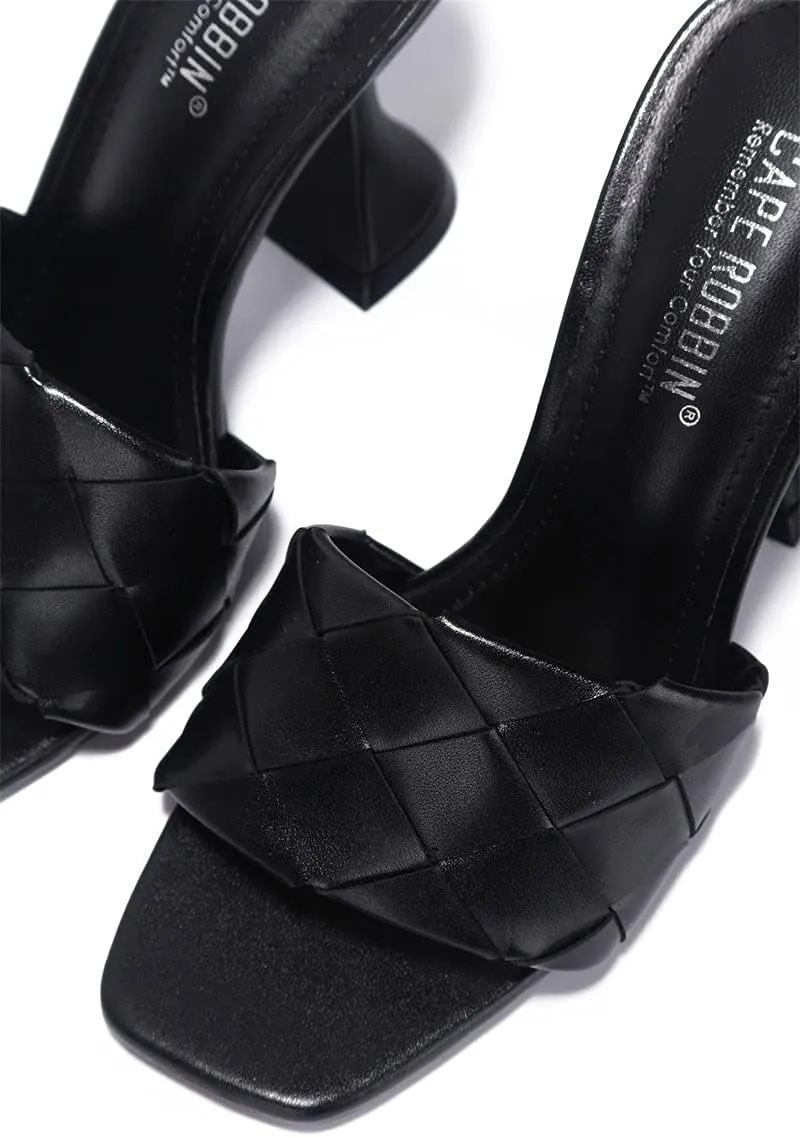 Cape Robbin Affection Black Vegan Quilted Open Toe Mule Heels Slip On Sandals