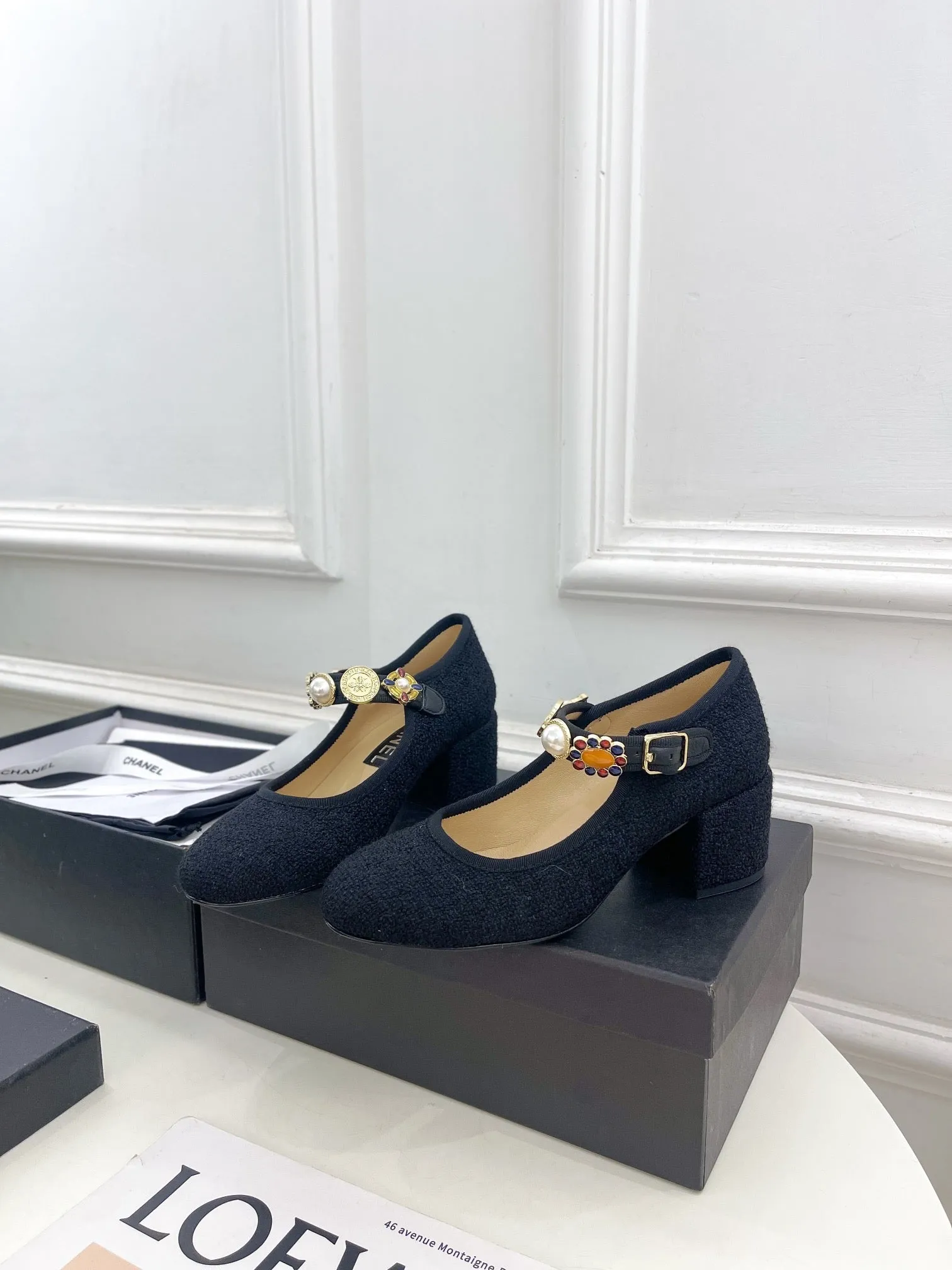 CHANEL Ultimate Wool Janes High And Customer-approved 948815 Tweed Black 55mm Mary Fabric