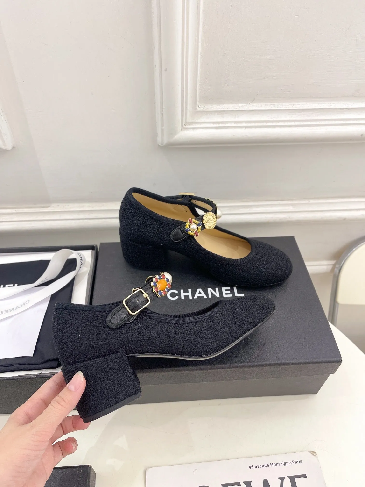 CHANEL Ultimate Wool Janes High And Customer-approved 948815 Tweed Black 55mm Mary Fabric