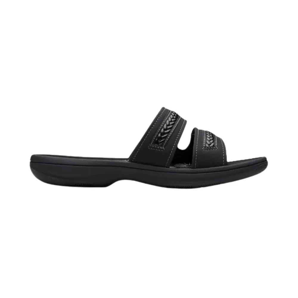 Clarks Women's Breezey Eve H  Cushioned, Comfortable, Braided and Stitching Strap Slide Sandals, Black