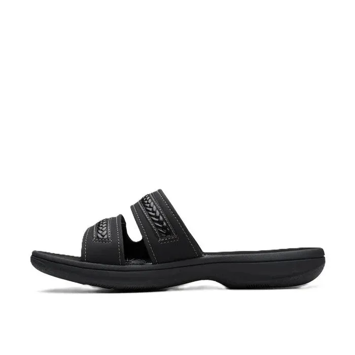 Clarks Women's Breezey Eve H  Cushioned, Comfortable, Braided and Stitching Strap Slide Sandals, Black