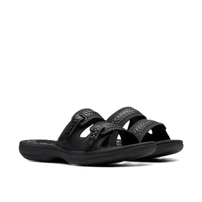 Clarks Women's Breezey Eve H  Cushioned, Comfortable, Braided and Stitching Strap Slide Sandals, Black