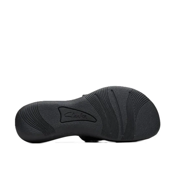 Clarks Women's Breezey Eve H  Cushioned, Comfortable, Braided and Stitching Strap Slide Sandals, Black