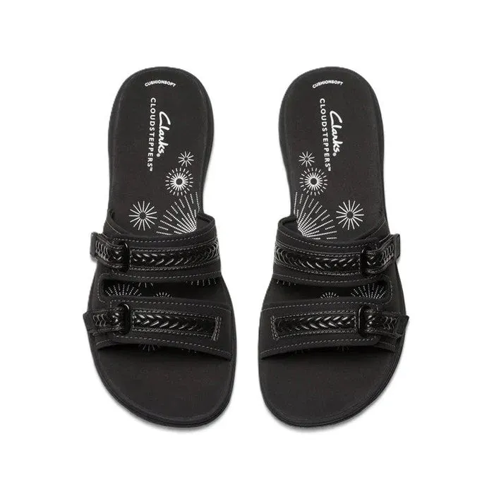 Clarks Women's Breezey Eve H  Cushioned, Comfortable, Braided and Stitching Strap Slide Sandals, Black