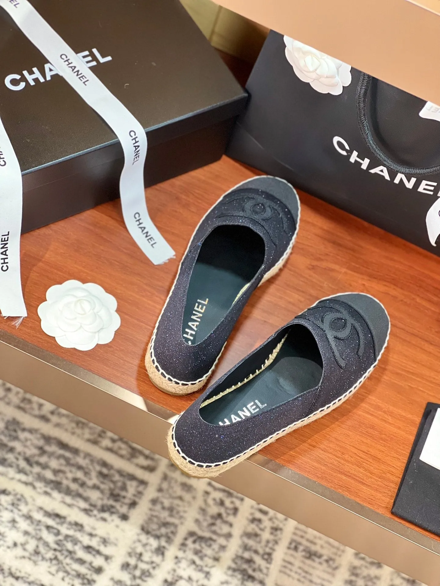 espadrilles CHANEL Customizable Affordable luxury glitter black fabric