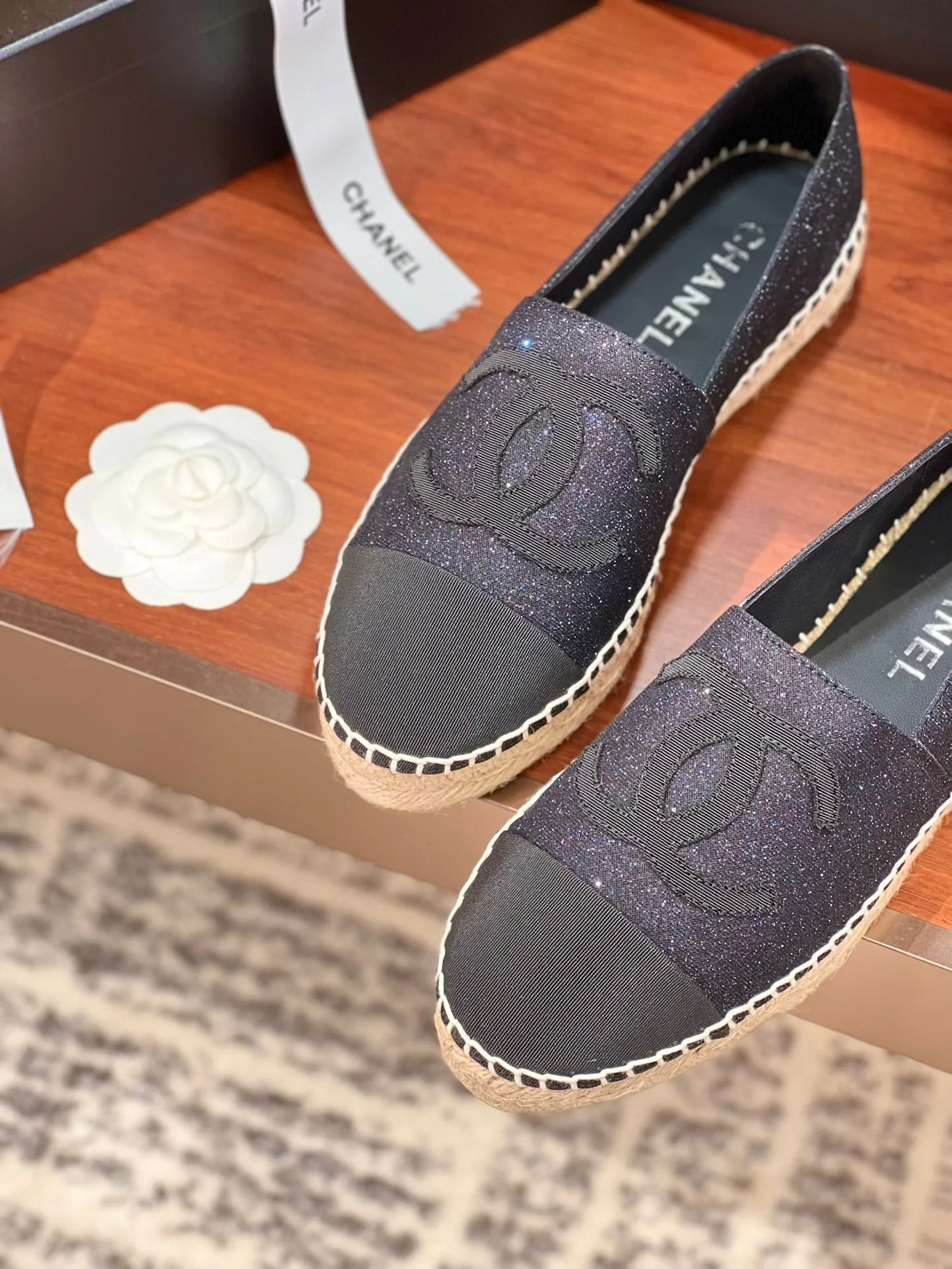 espadrilles CHANEL Customizable Affordable luxury glitter black fabric