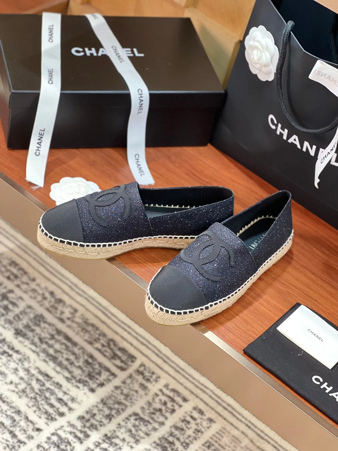 espadrilles CHANEL Customizable Affordable luxury glitter black fabric