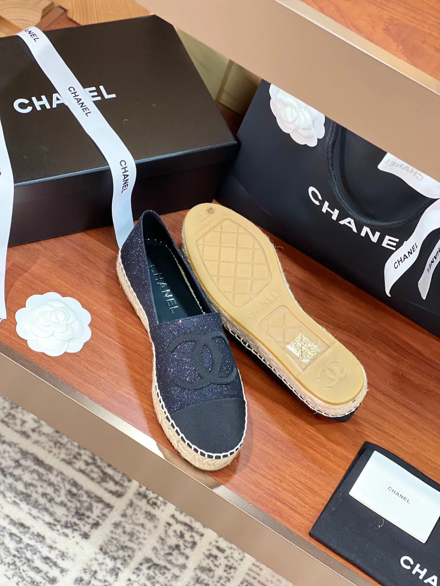 espadrilles CHANEL Customizable Affordable luxury glitter black fabric