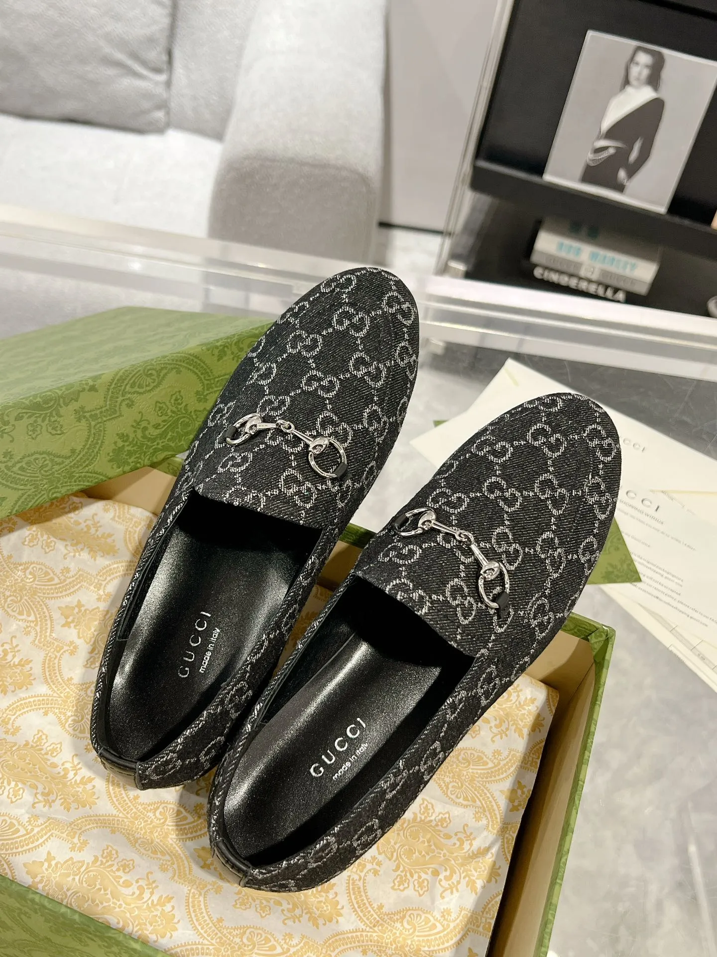 FABRIC Best value LOAFER WITH Gucci All-out sale HORSEBIT MONOGRAM IN JACQUARD BLACK MEN'S