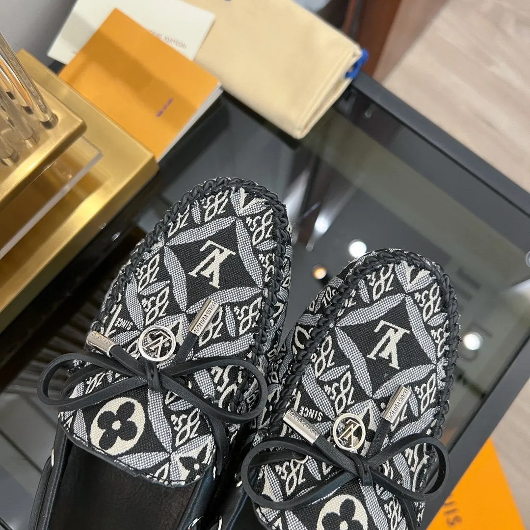 FABRIC Louis Mega discount Vuitton FLAT FLORAL LOAFER BLACK DENIM Satisfaction guaranteed GLORIA