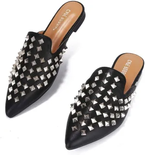 Flat Toe Client satisfaction Robbin Mule Black On Slip Embellished Cape Complete assortment Sandals pointed Slides Enny