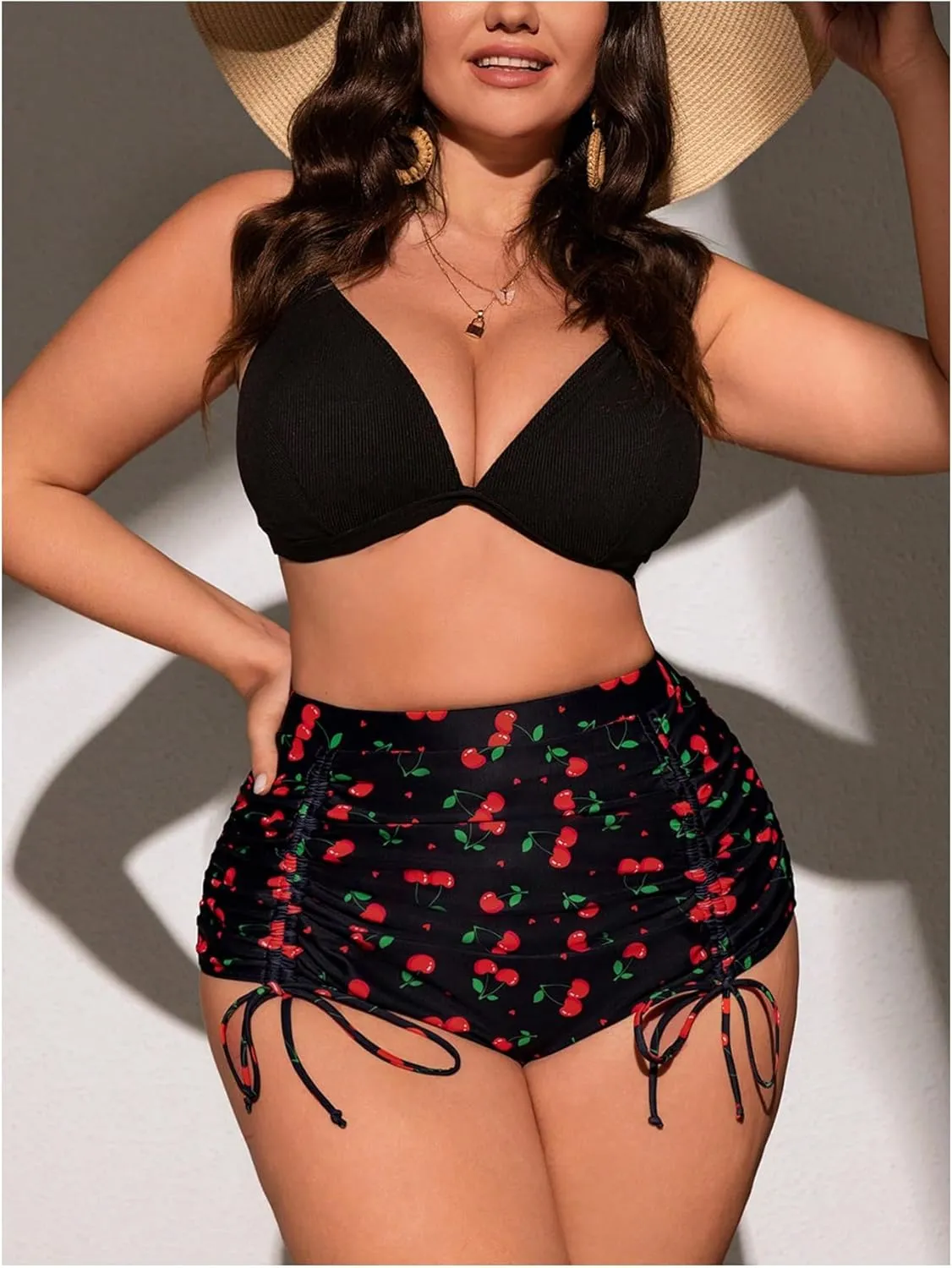 Floerns Women's Plus Size Swimsuit Bottom Cherry Print High Waisted Drawstring Bikini Bottoms