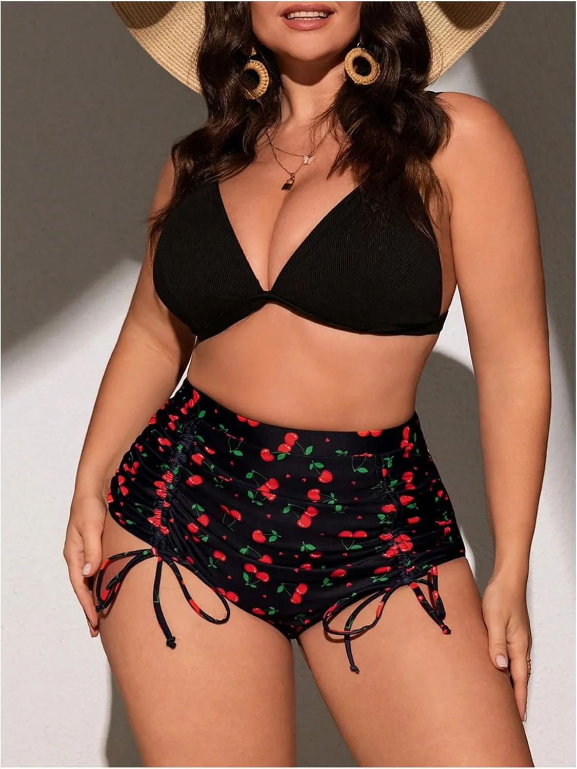 Floerns Women's Plus Size Swimsuit Bottom Cherry Print High Waisted Drawstring Bikini Bottoms