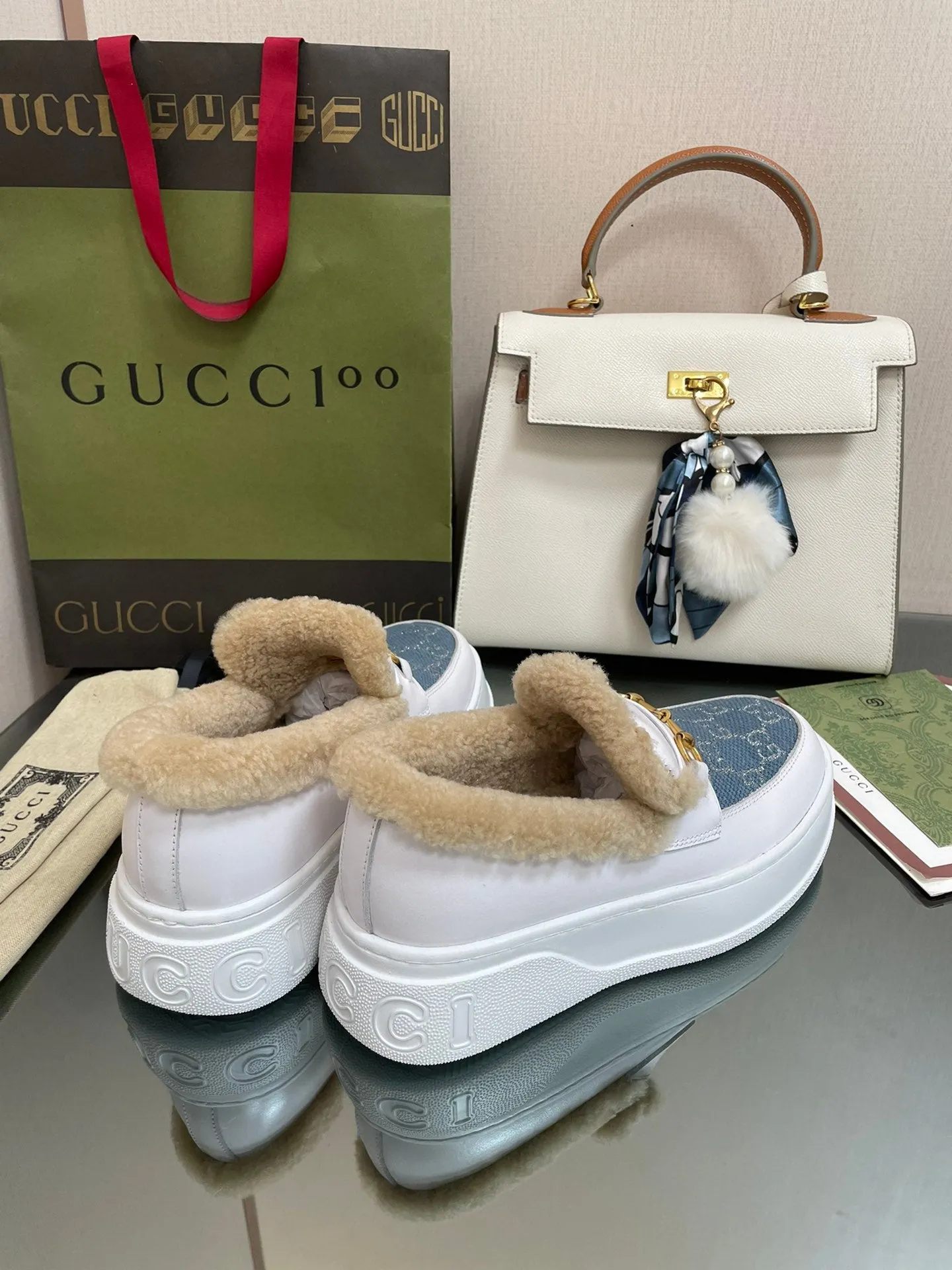 GG LOAFER IN BLUE JACQUARD MIX WHITE CALFSKIN WITH BEIGE WOOL LINING