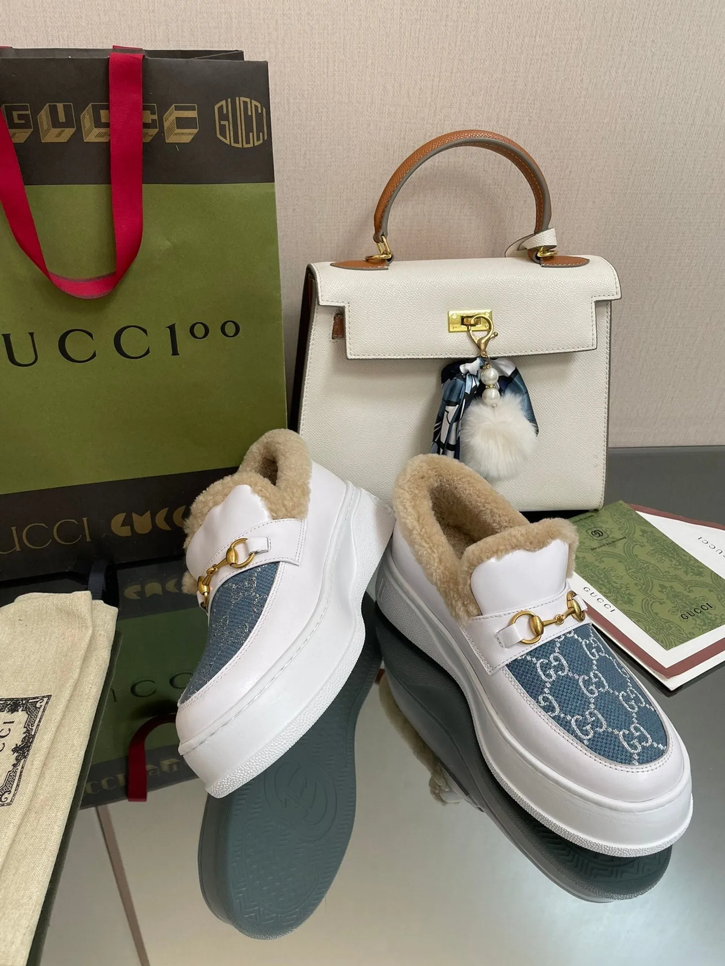 GG LOAFER IN BLUE JACQUARD MIX WHITE CALFSKIN WITH BEIGE WOOL LINING