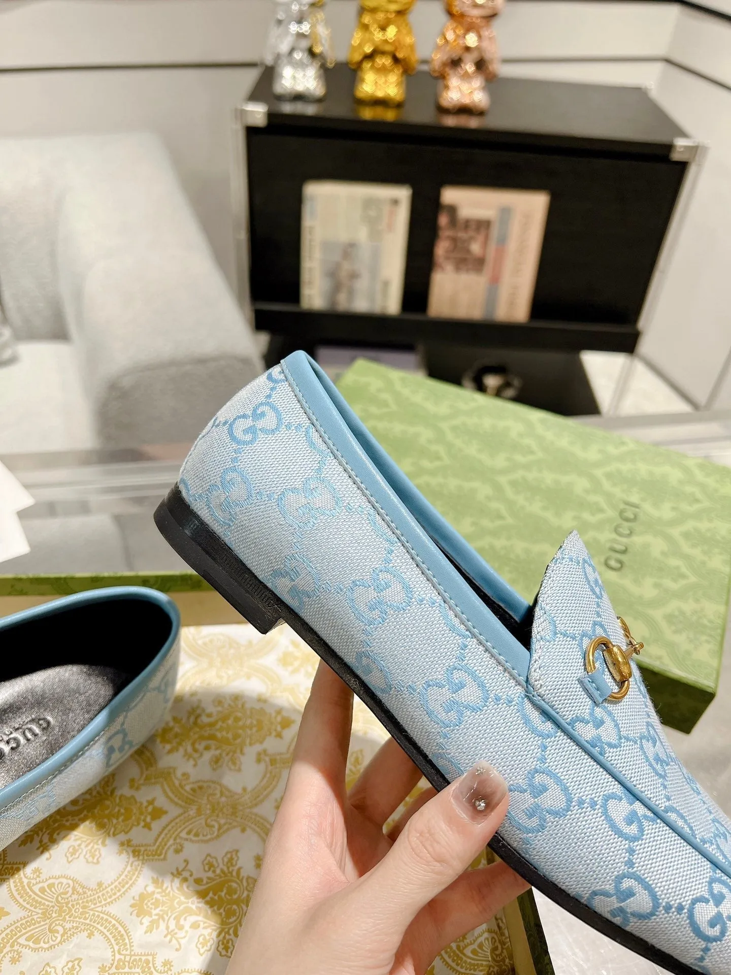Gucci MEN'S WITH JACQUARD HORSEBIT IN MONOGRAM LOAFER FABRIC BLUE Cost-effective LIGHT Responsive