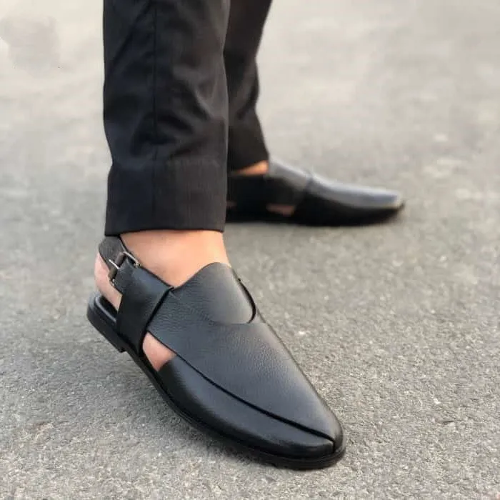 Hedgez Premium Leather Peshawari Black Sandal-313