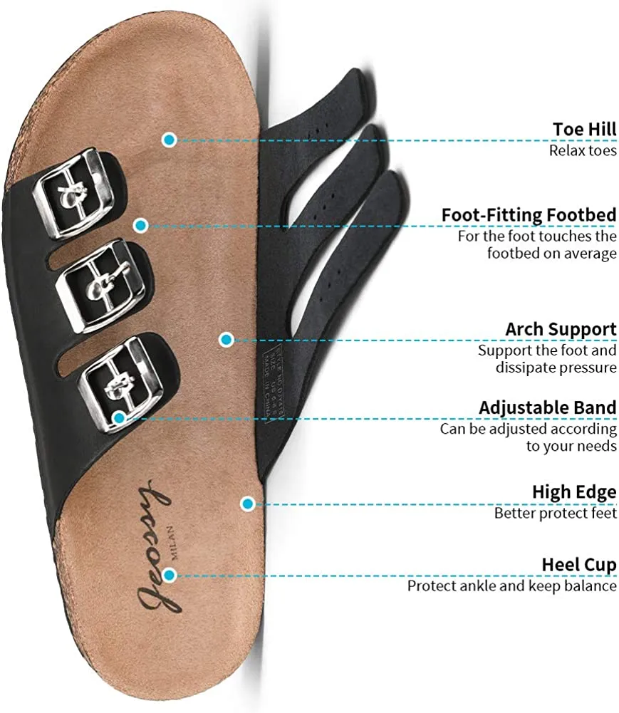 Jeossy Women's Two Buckle Slide Sandals – Adjustable Cork Footbed, Comfortable Outdoor Shoes