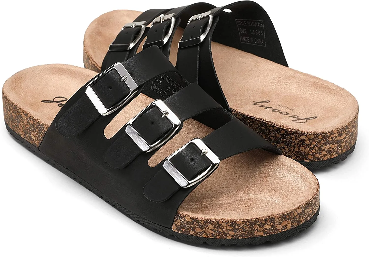 Jeossy Women's Two Buckle Slide Sandals – Adjustable Cork Footbed, Comfortable Outdoor Shoes