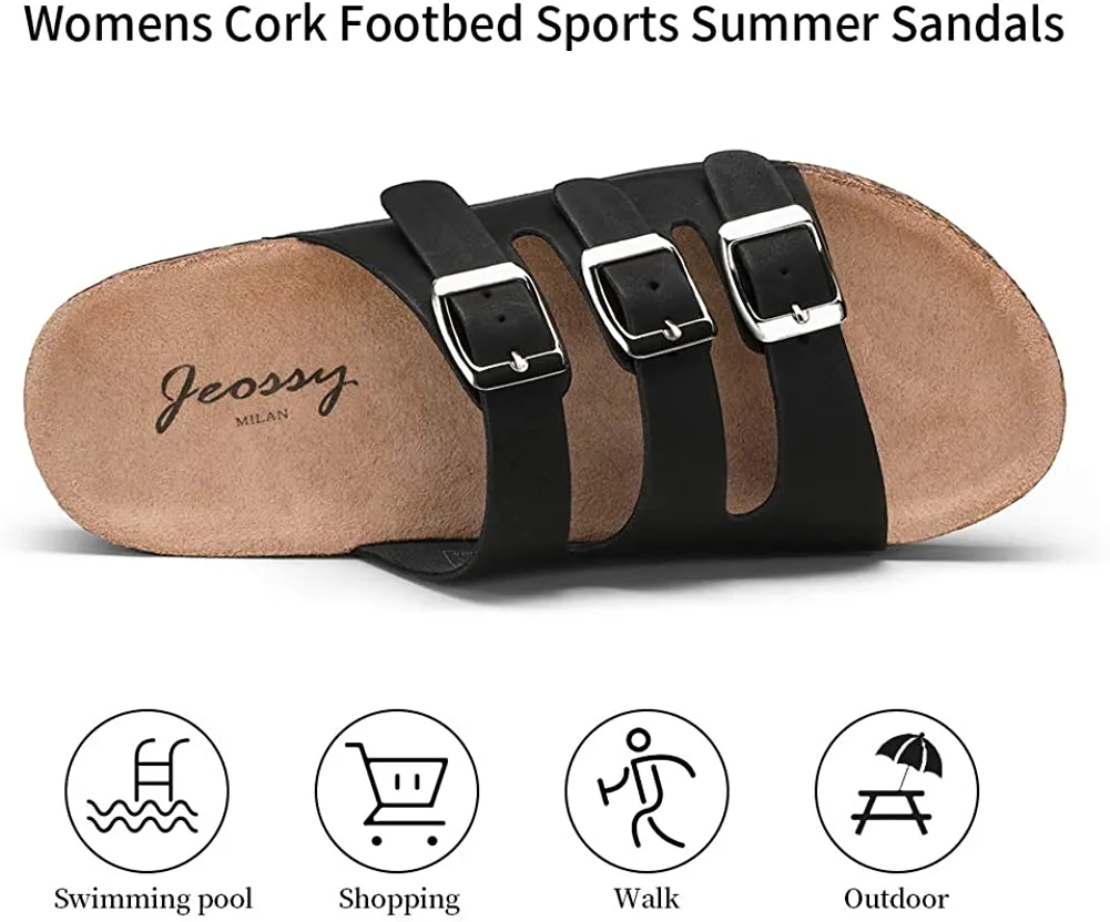 Jeossy Women's Two Buckle Slide Sandals – Adjustable Cork Footbed, Comfortable Outdoor Shoes