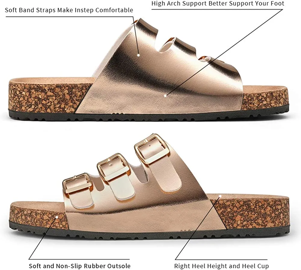Jeossy Women's Two Buckle Slide Sandals – Adjustable Cork Footbed, Comfortable Outdoor Shoes