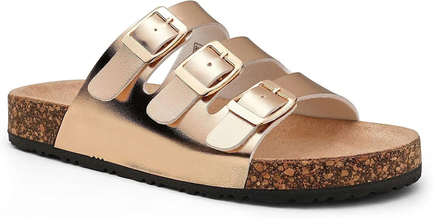 Jeossy Women's Two Buckle Slide Sandals – Adjustable Cork Footbed, Comfortable Outdoor Shoes