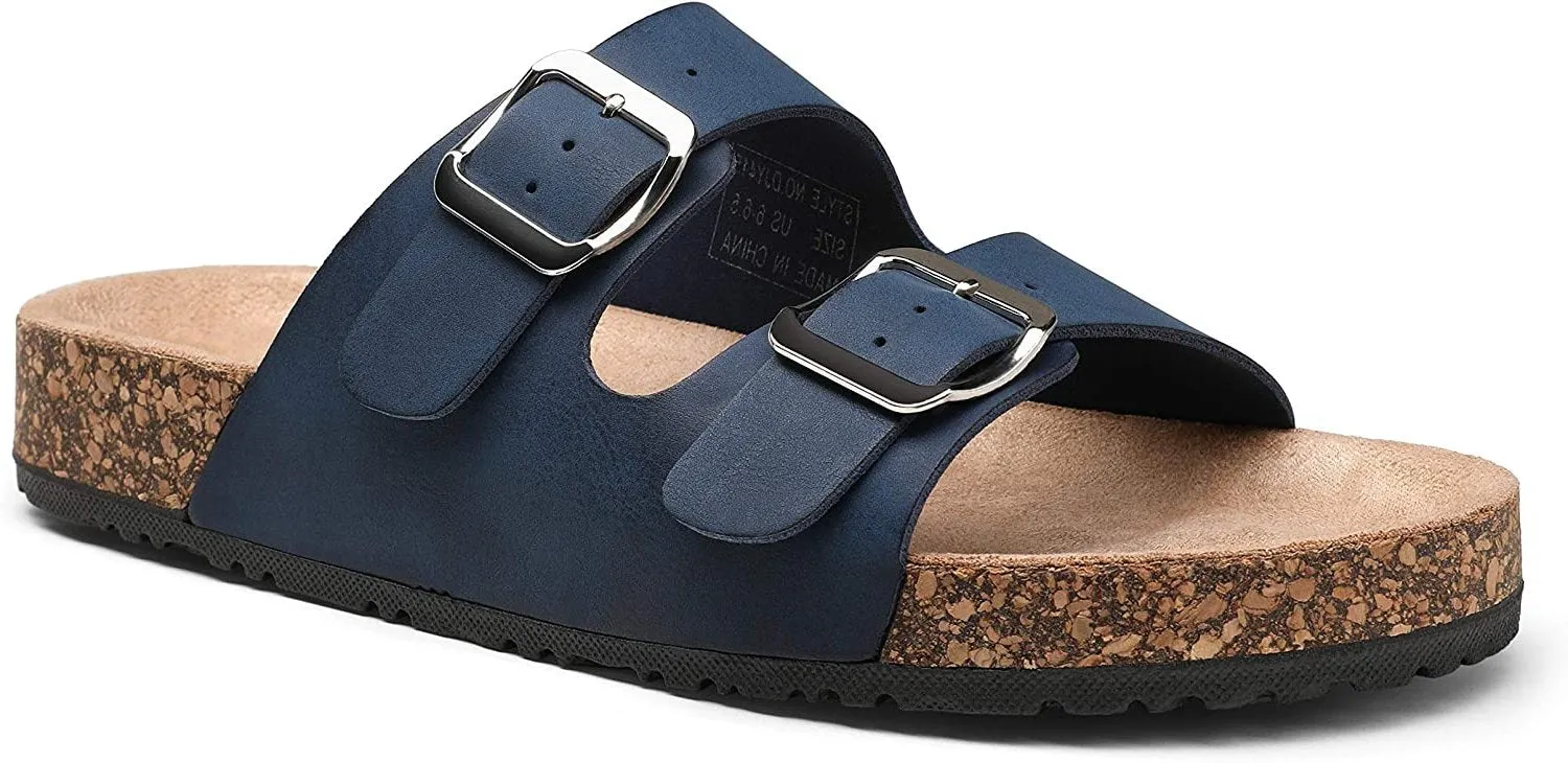 Jeossy Women's Two Buckle Slide Sandals – Adjustable Cork Footbed, Comfortable Outdoor Shoes