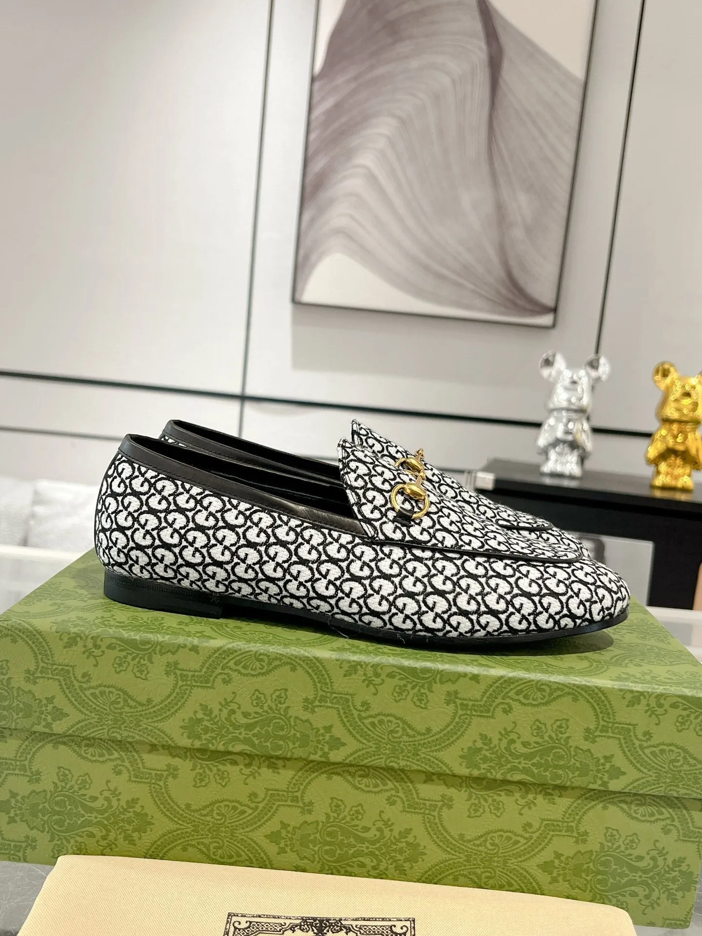 LOAFER IN MIX BLACK MONOGRAM WHITE FABRIC WITH Quick resolution JACQUARD Gucci HORSEBIT Holiday sale MEN'S