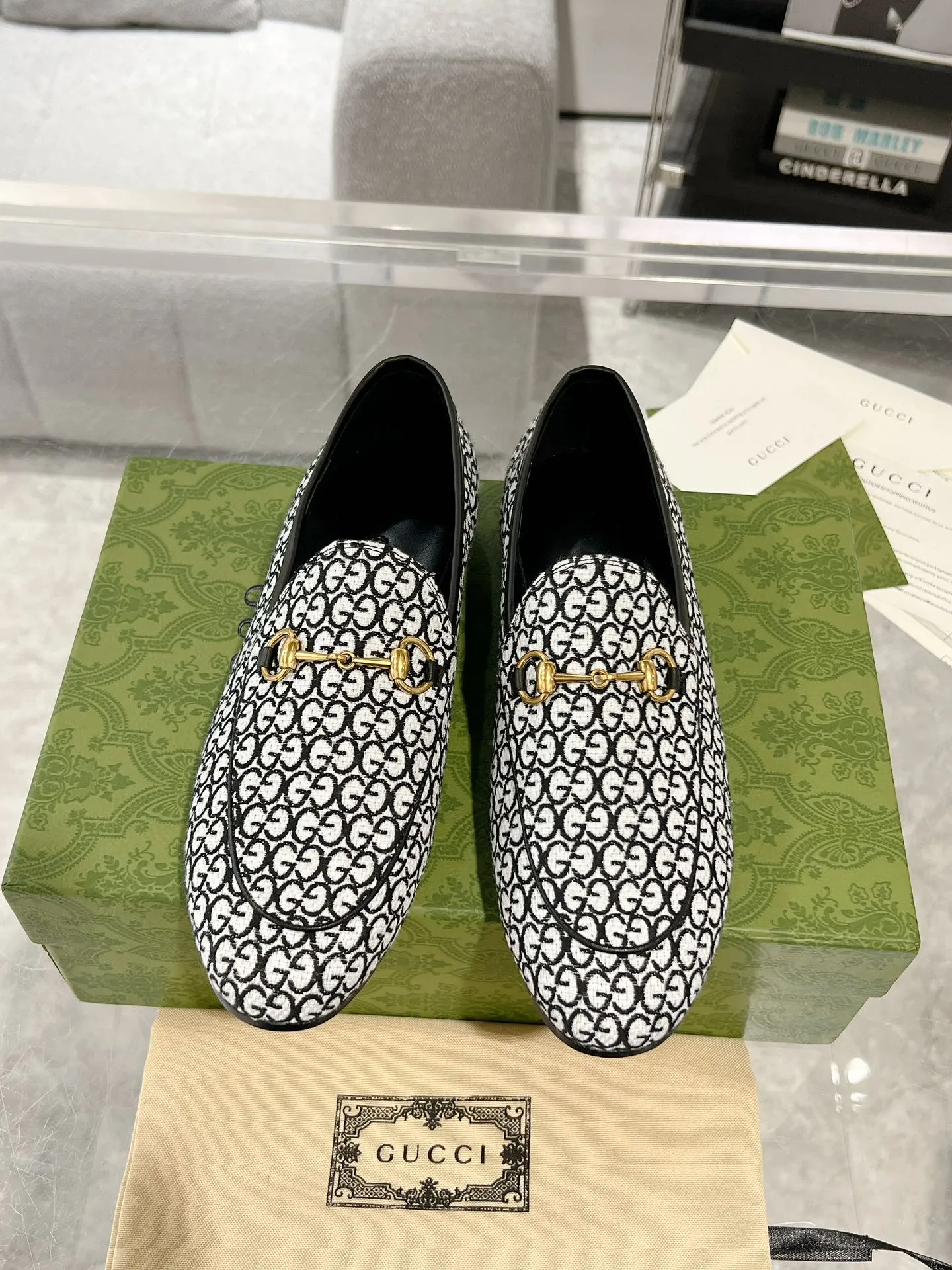 LOAFER IN MIX BLACK MONOGRAM WHITE FABRIC WITH Quick resolution JACQUARD Gucci HORSEBIT Holiday sale MEN'S