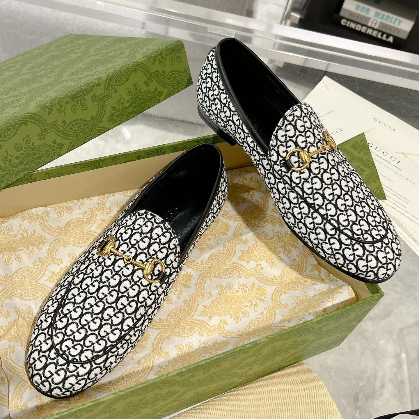 LOAFER IN MIX BLACK MONOGRAM WHITE FABRIC WITH Quick resolution JACQUARD Gucci HORSEBIT Holiday sale MEN'S