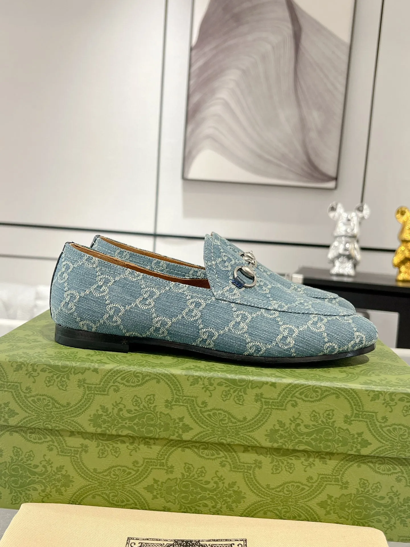 MEN'S LOAFER WITH HORSEBIT IN SAPHIRE BLUE MONOGRAM JACQUARD FABRIC