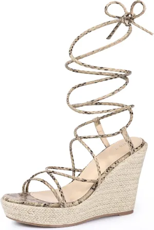 Perphy Strappy Espadrilles Wedges Platform Lace Up Snake Print Sandals for Women
