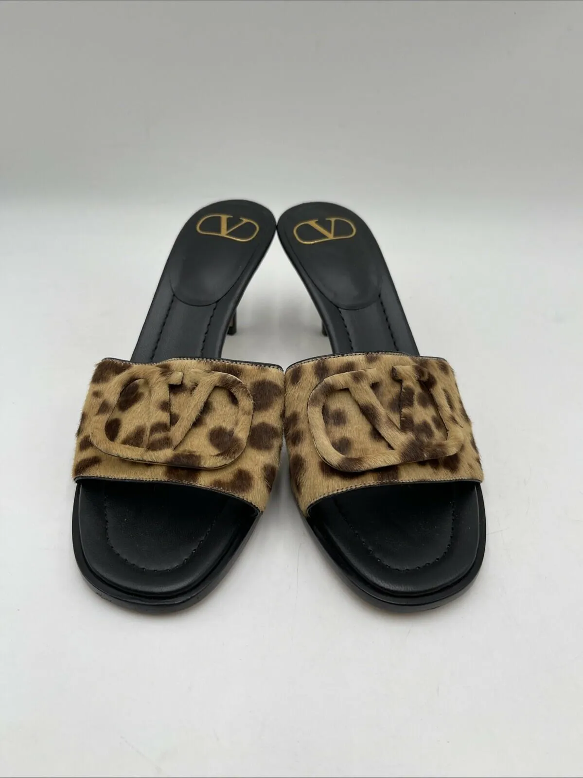 Valentino Black Leather/Leopard Calf-Hair Open Toe Slip On Mule Sandals, Size 36 - Very Good