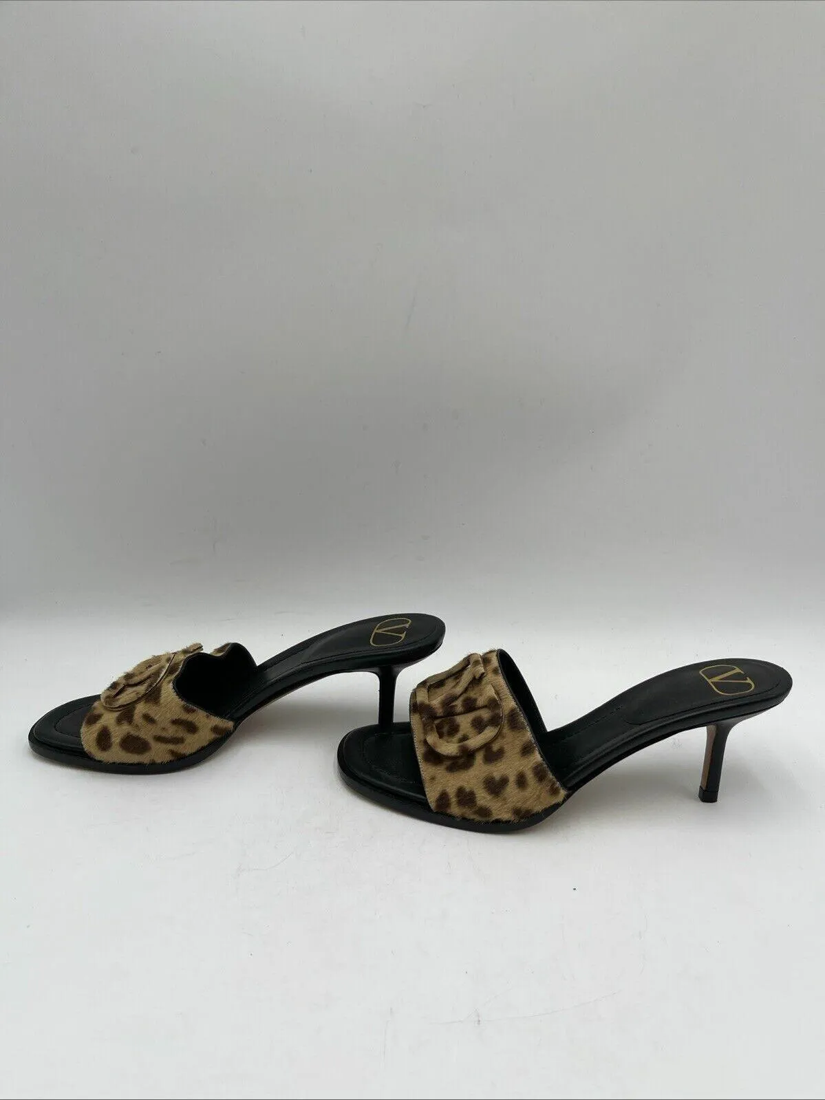 Valentino Black Leather/Leopard Calf-Hair Open Toe Slip On Mule Sandals, Size 36 - Very Good