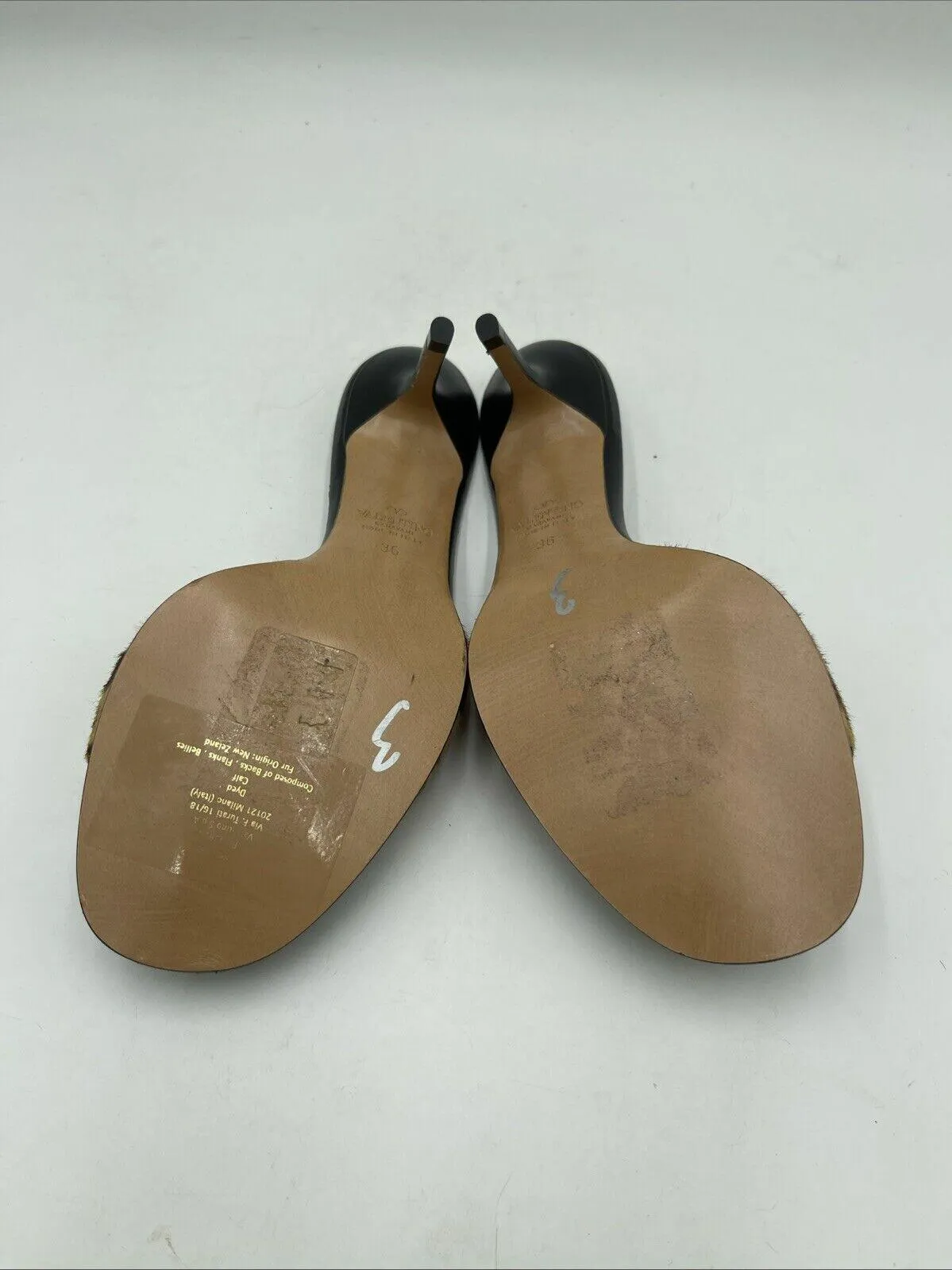 Valentino Black Leather/Leopard Calf-Hair Open Toe Slip On Mule Sandals, Size 36 - Very Good