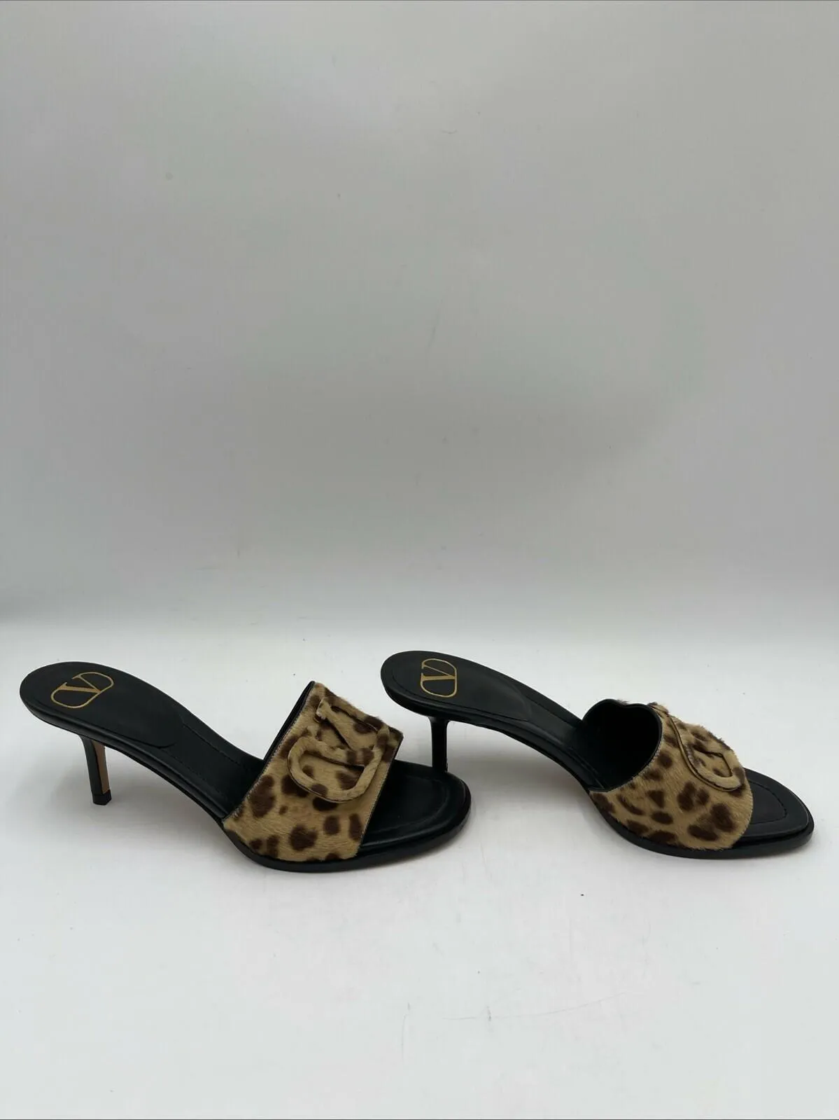 Valentino Black Leather/Leopard Calf-Hair Open Toe Slip On Mule Sandals, Size 36 - Very Good