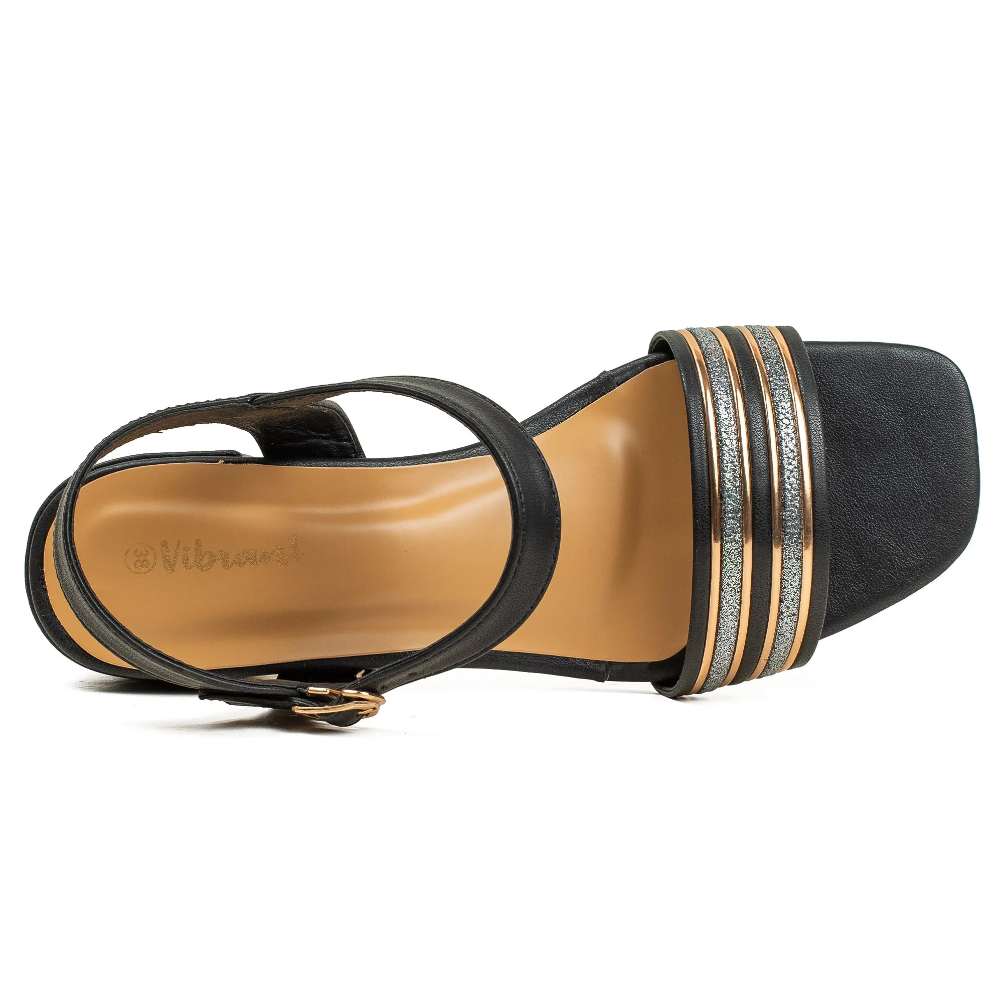 Vibrant Ladies Block Heel Sandal –  Black PU Leather Upper