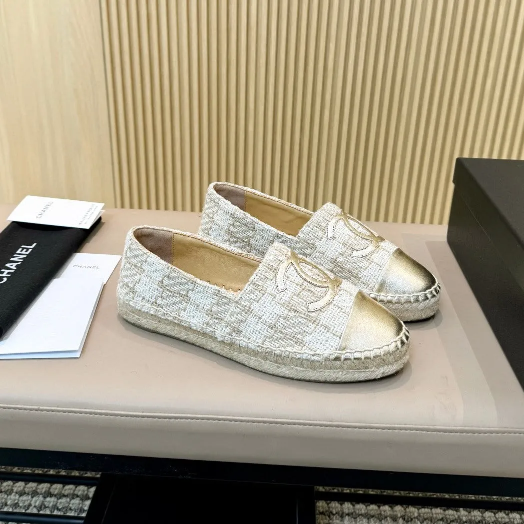 white fabric metalic CHANEL Special promotion espadrilles Percentage-off brown braided calfskin gold