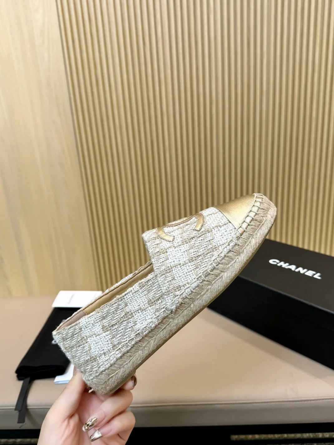 white fabric metalic CHANEL Special promotion espadrilles Percentage-off brown braided calfskin gold
