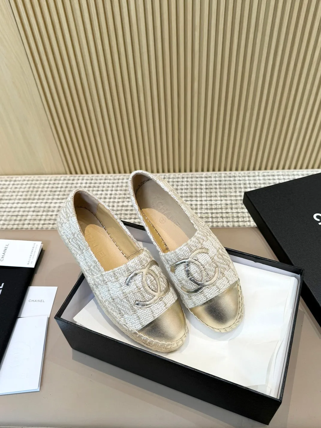 white fabric metalic CHANEL Special promotion espadrilles Percentage-off brown braided calfskin gold