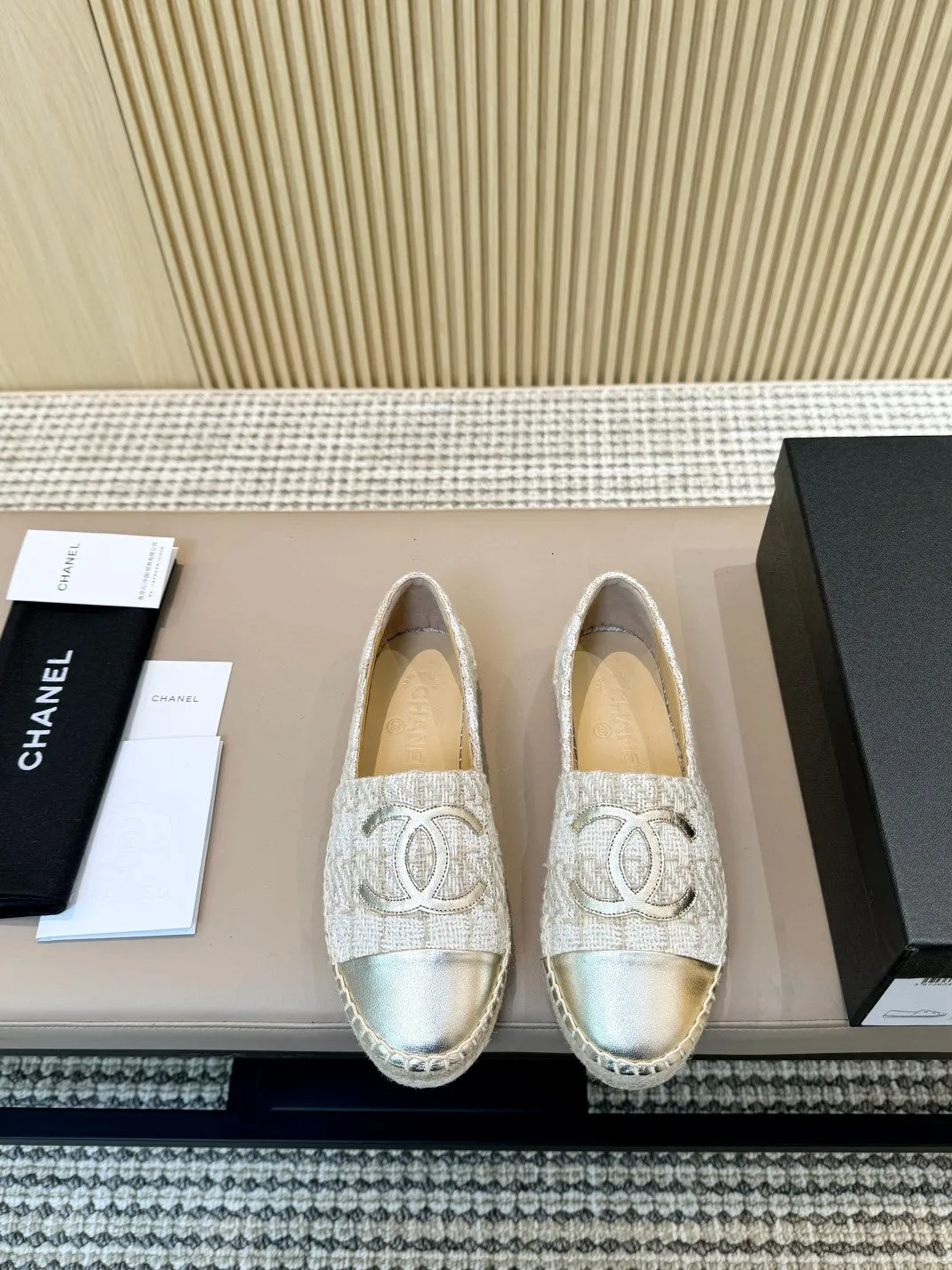 white fabric metalic CHANEL Special promotion espadrilles Percentage-off brown braided calfskin gold