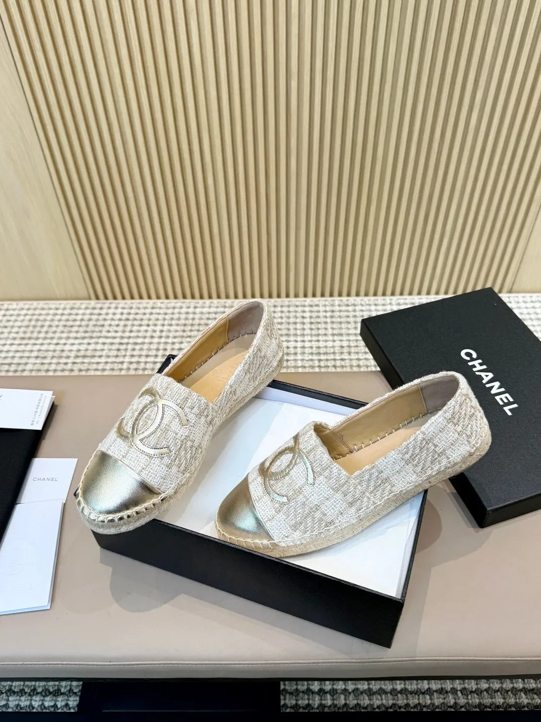 white fabric metalic CHANEL Special promotion espadrilles Percentage-off brown braided calfskin gold