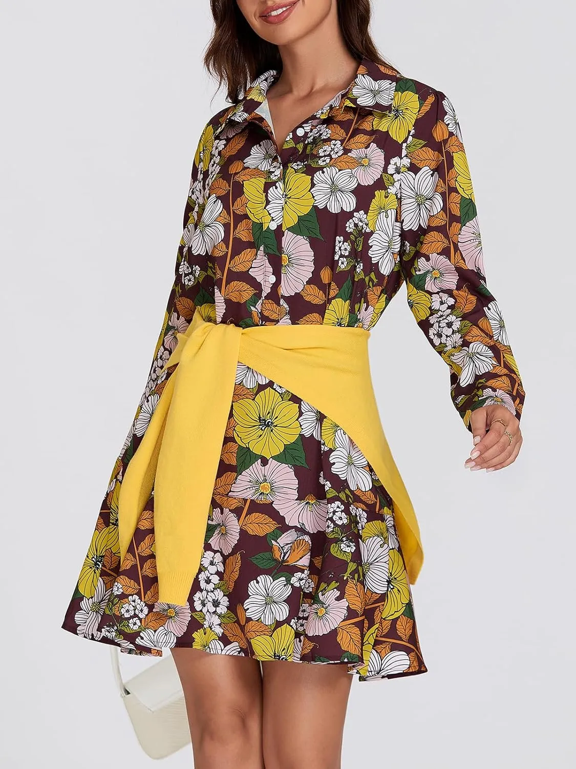 Women‘s Tunic Shirt Mini Dress Long Sleeve Cotton Short Dress Button Up Ruffle Hem Shift Dresses