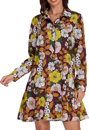 Women‘s Tunic Shirt Mini Dress Long Sleeve Cotton Short Dress Button Up Ruffle Hem Shift Dresses