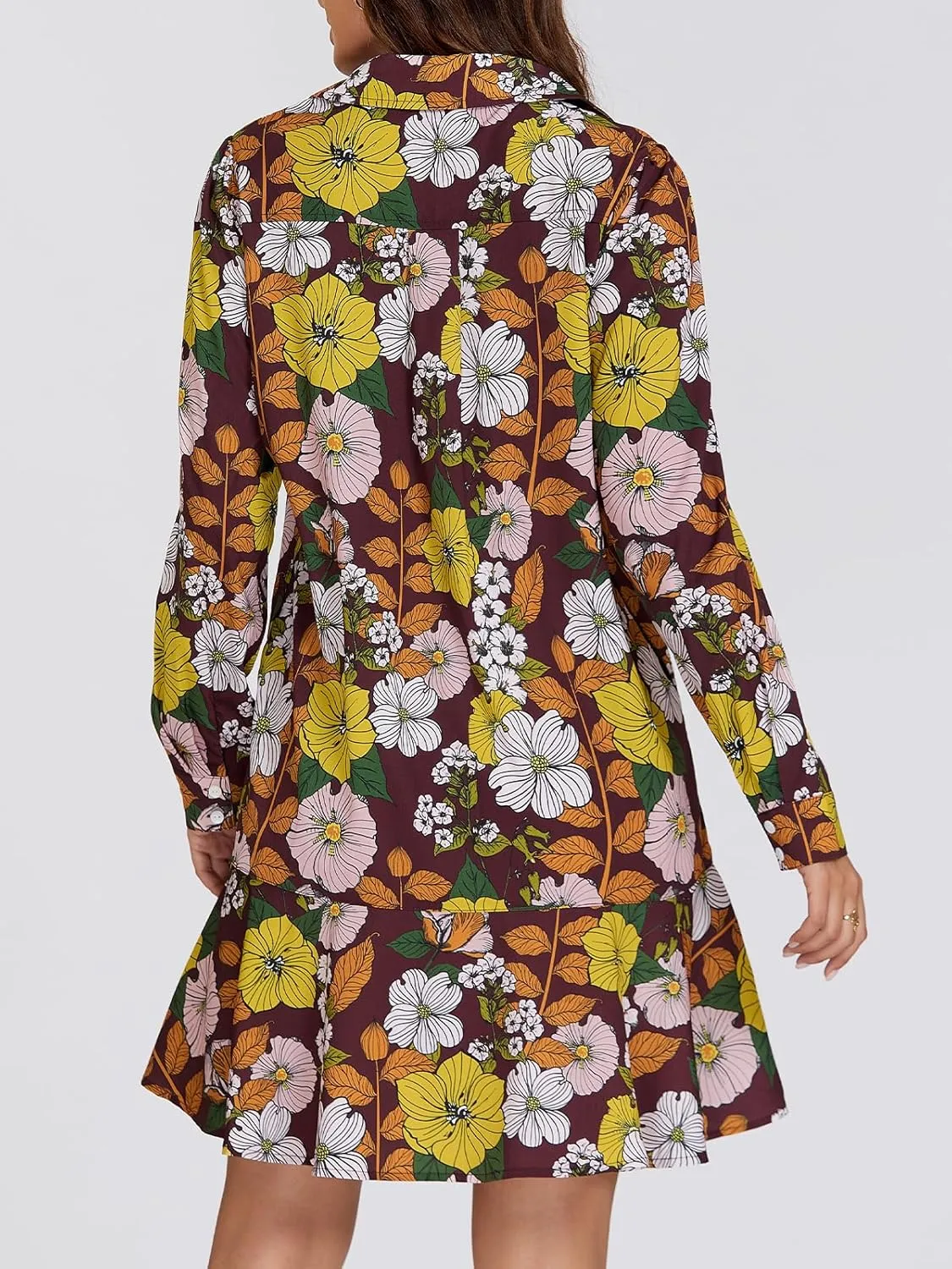 Women‘s Tunic Shirt Mini Dress Long Sleeve Cotton Short Dress Button Up Ruffle Hem Shift Dresses