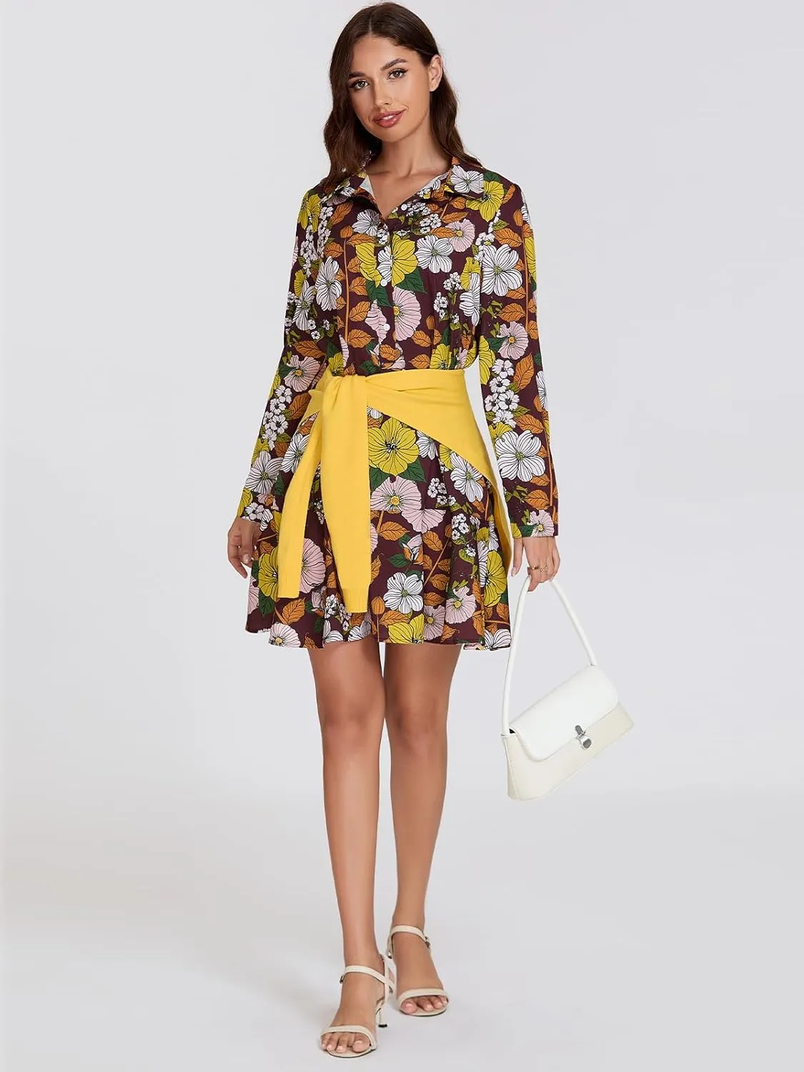 Women‘s Tunic Shirt Mini Dress Long Sleeve Cotton Short Dress Button Up Ruffle Hem Shift Dresses