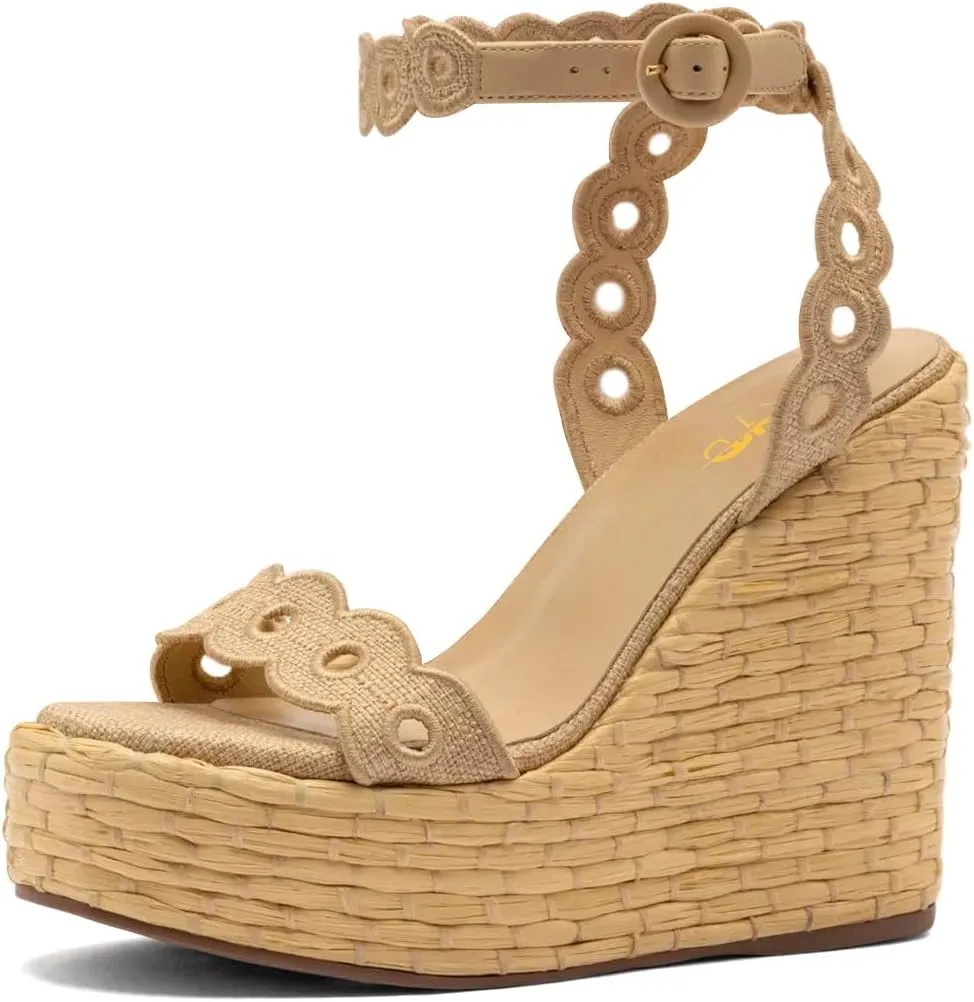 XYD Women Platform Eyelets Sandals Open Toe Espadrilles Wedge High Heels Ankle Strap Evening Holiday Shoes